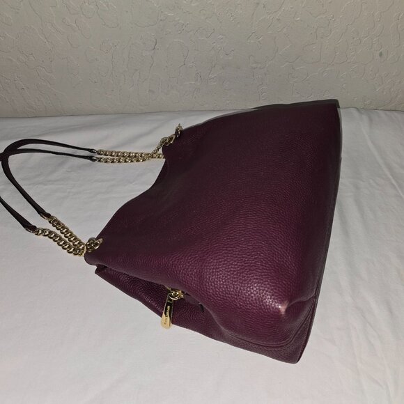 Michael Kors Jet Set Large Gold Chain Plum Grain Leather Shoulder Bag Tote - Picture 15 of 16